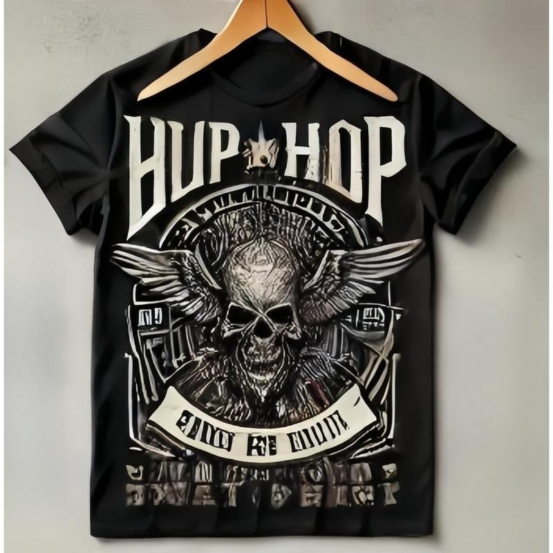 men's graphic tees Fashionable Crew Neck T-Shirt - Comfortable Fit, Slight Stretch, PatternedPrint Skull Hip-Hop Tee:...