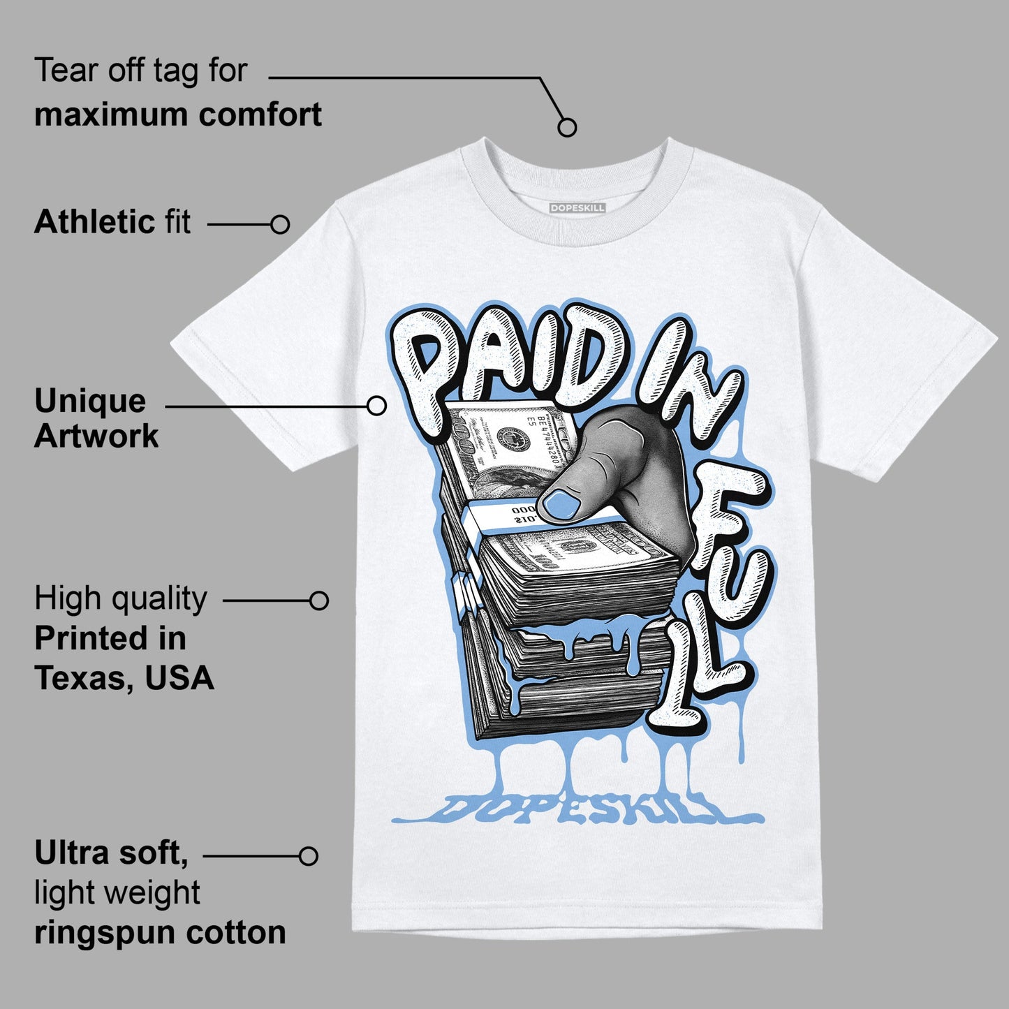 University Blue 5s DopeSkill T-Shirt Paid In Full Graphic