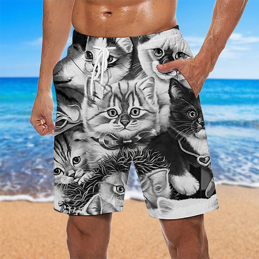 Men's Graphic Animal Cat Swim Trunks Swim Shorts Board Shorts Mid Waist Hawaiian Designer Boho Casual Daily Holiday Drawstring with Mesh lining Elastic Waist Designer Clothing Apparel