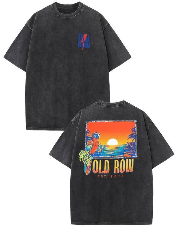 new vintage old row 230g washed cotton T-shirt retro street double-sided printed pattern T-shirt men's T-shirt aged...