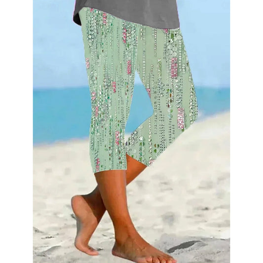 Women's Leggings Capri Pants High Elasticity Vacation Fashion Hawaiian Calf-Length Mid Waist Floral Graphic Printing Breathable Soft  Vacation Casual Daily Light Green Summer Spring Regular Fit