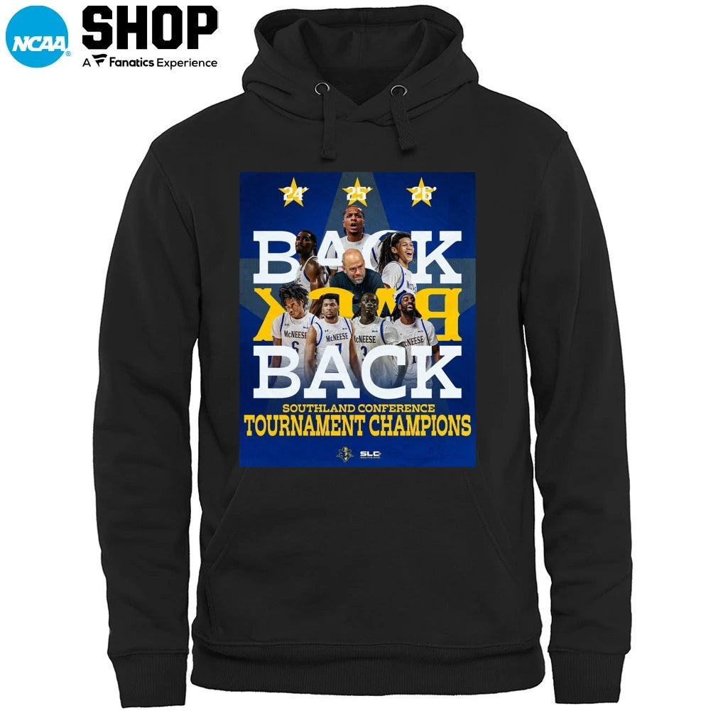 Official McNeese State Cowboys 2026 Men’s Basketball Back to Back Southland Conference Tournament Champions T-Shirt