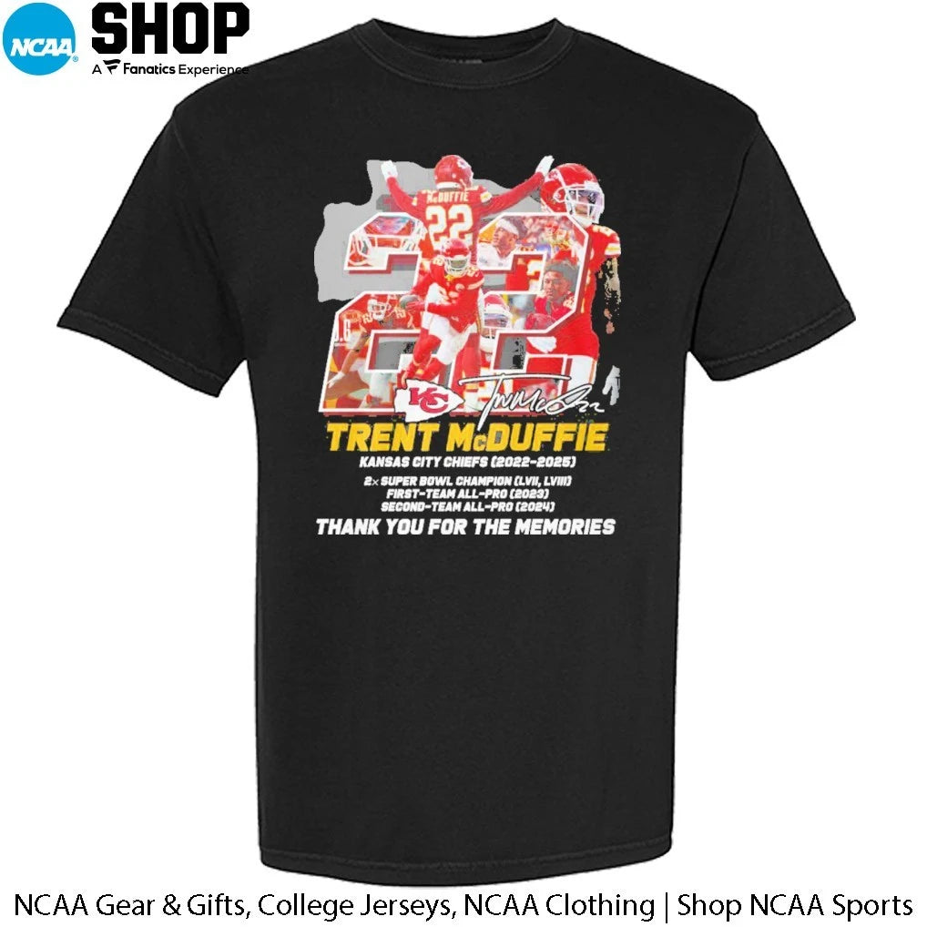 Official Trent McDuffie Kansas City Chiefs 2022-2025 Thank You For The Memories Signature T-Shirt