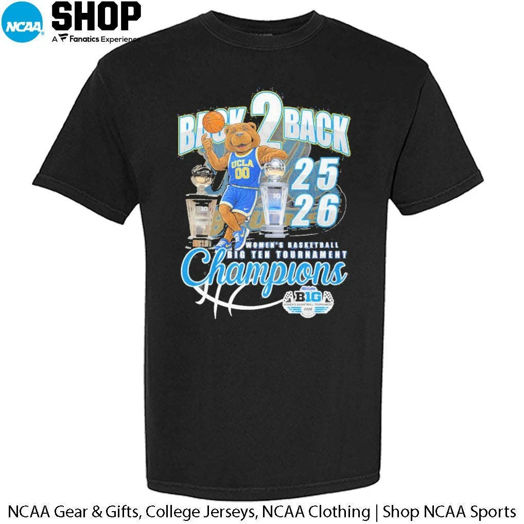 Official UCLA Bruins Women’s Basketball 2025-2026 Back 2 Back Big Ten Tournament Champions Mascot T-Shirt
