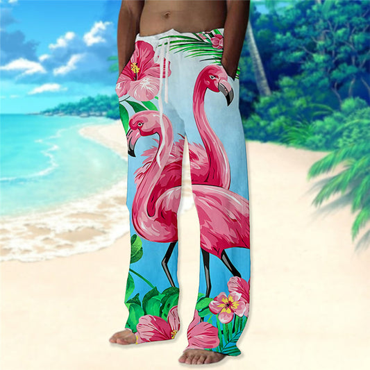 Men's Trousers Summer Pants Beach Pants Drawstring Elastic Waist Straight Leg Animal Flamingo Graphic Prints Comfort Casual Daily Holiday Streetwear Hawaiian Pink Blue