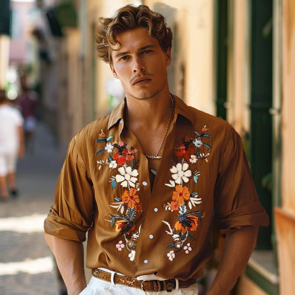 Men's Graphic Shirt Hawaiian Fashion Casual Linen Shirt Button Up Shirt Long Sleeve Daily Hawaiian Vacation Spring &  Fall Lapel Print Khaki 55%Flax 45%cotton