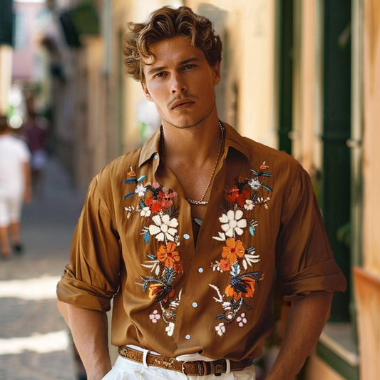 Men's Graphic Shirt Hawaiian Fashion Casual Linen Shirt Button Up Shirt Long Sleeve Daily Hawaiian Vacation Spring &  Fall Lapel Print Khaki 55%Flax 45%cotton