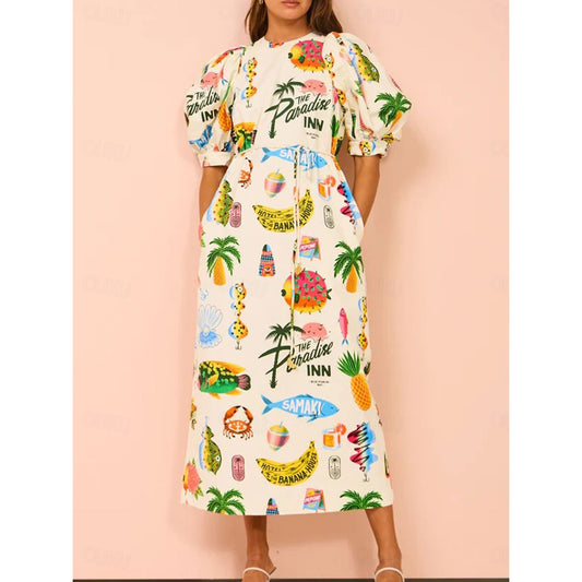 Women's Midi Dress Shift Dress Puff Sleeve Dress Vacation Casual Puff Sleeve Vacation Daily Regular Fit Graphic Short Sleeve Crew Neck Beige Summer