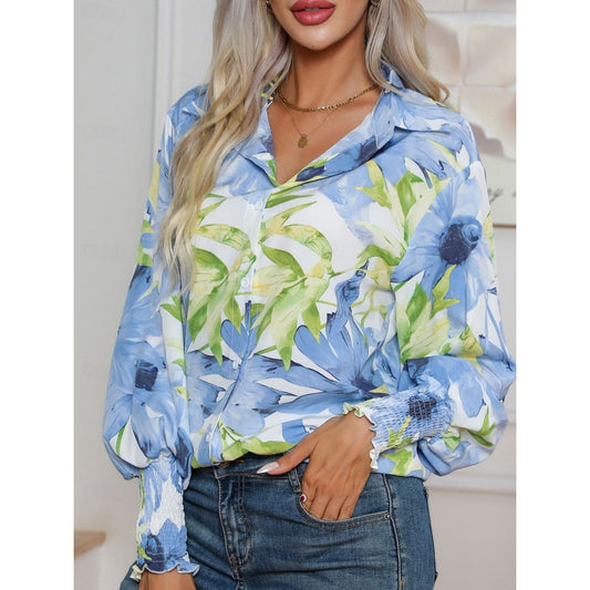 Women's Hawaiian Shirts Blouse Daily Casual Floral Graphic Regular Tops Long Sleeve Lantern Sleeve Shirt Collar Buttons Loose Fit Daily Holiday Blue Rose Pink Summer Holiday Clothes
