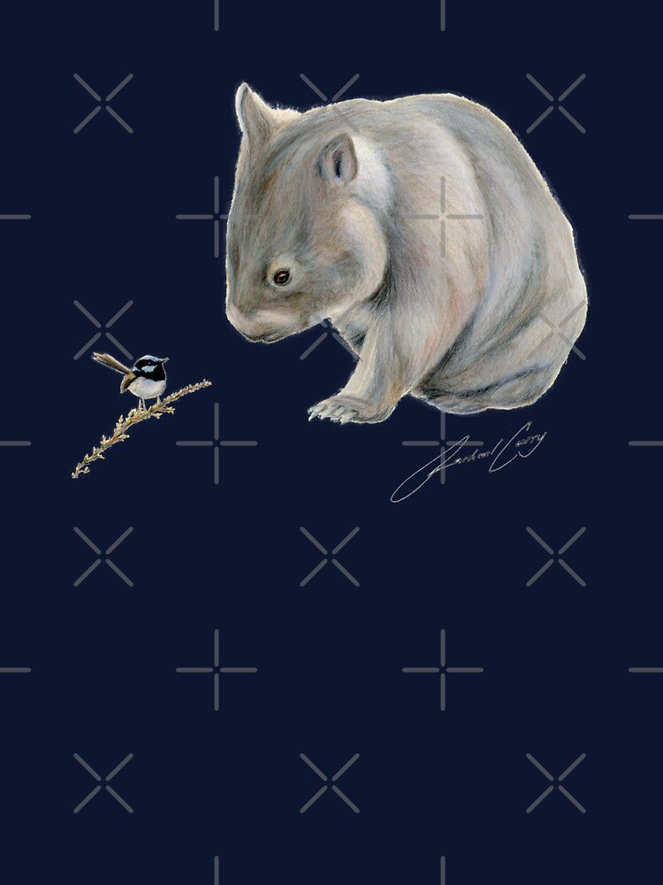 Wombat and Blue Wren Friends with signature. Superb blue fairy wren. by RachaelCurryArt