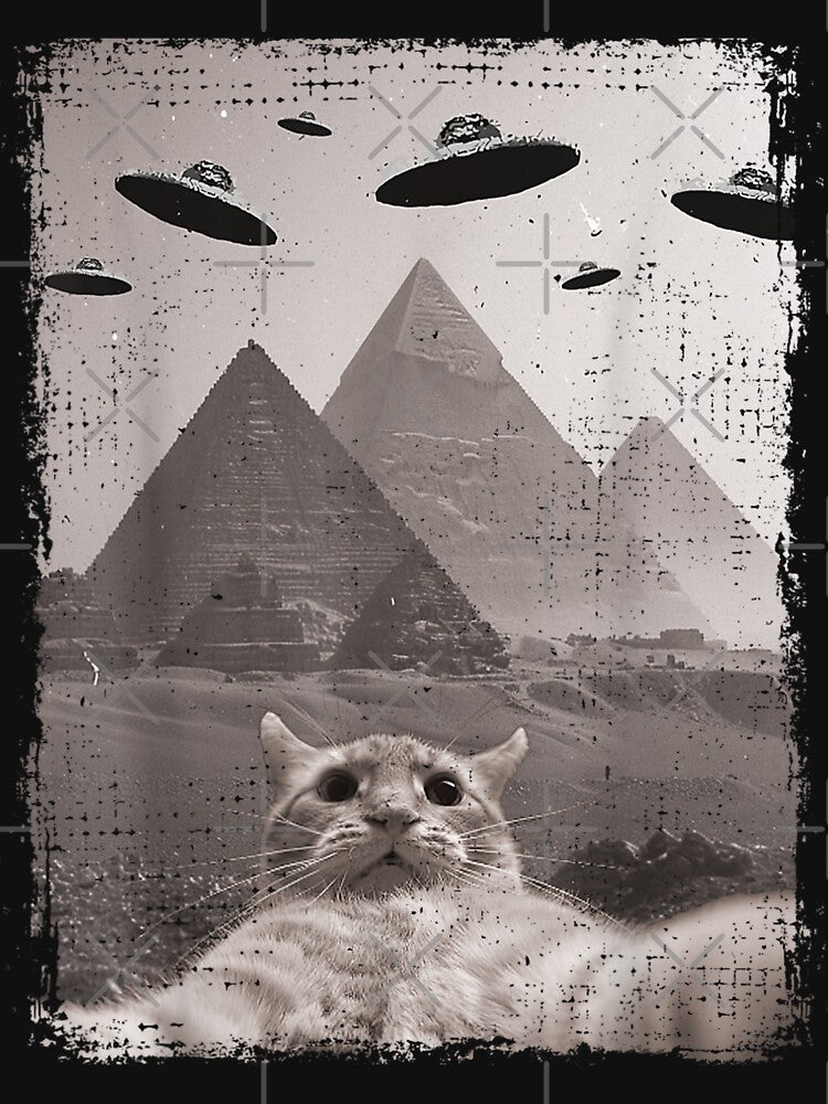 Cat Selfie at the Pyramids - Funny Vintage UFO Encounter - Ancient Aliens Cat Meme by Bongocomic