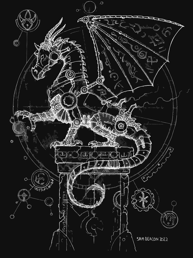 Steampunk Dragon (white) by Sam Deacon Art