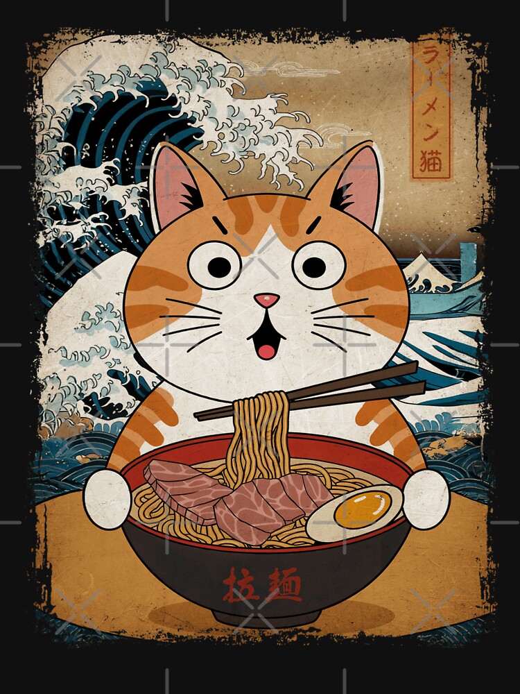 Ramen Cat Ukiyo-e Graphic Art Japanese Tees Kawaii Cat Anime Gifts by Damcoc