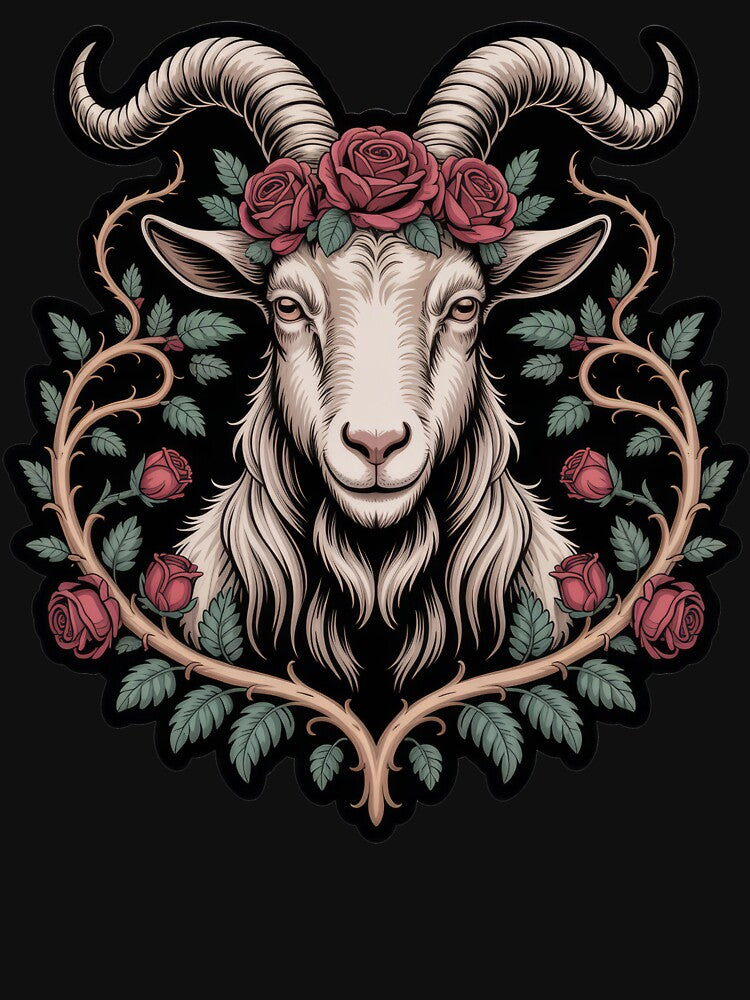 Floral Goat with Rose Crown – Mystical Boho Farm Animal Illustration by PosiMCreations