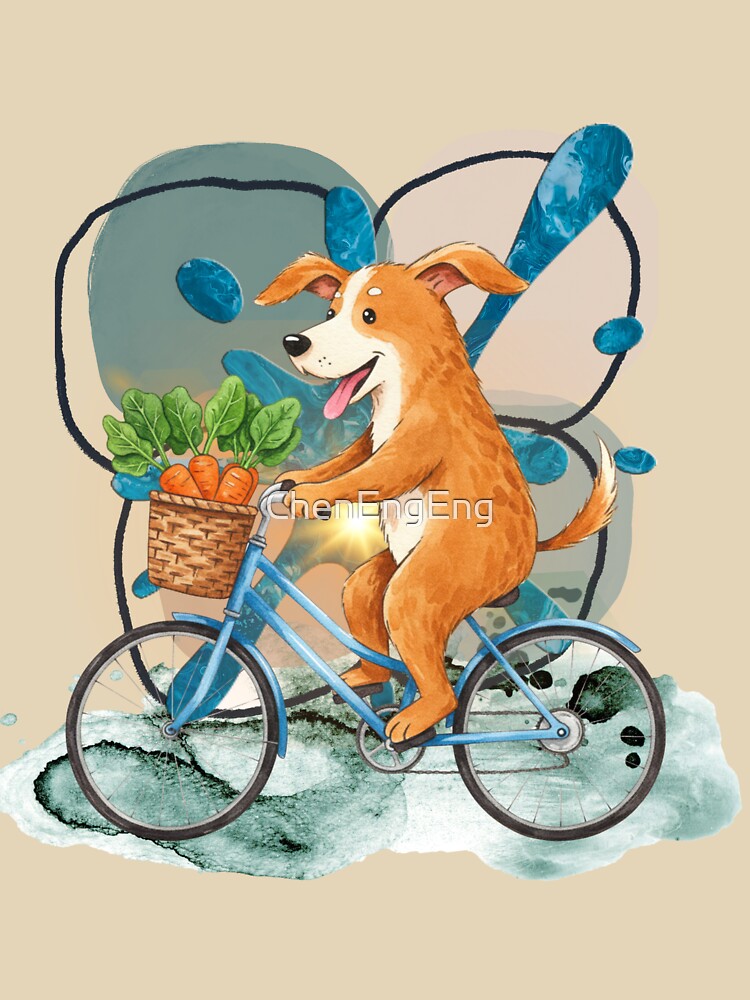 Cute Dog Riding a Bicycle with Veggie Basket | Funny Cycling Dog Illustration by ChenEngEng