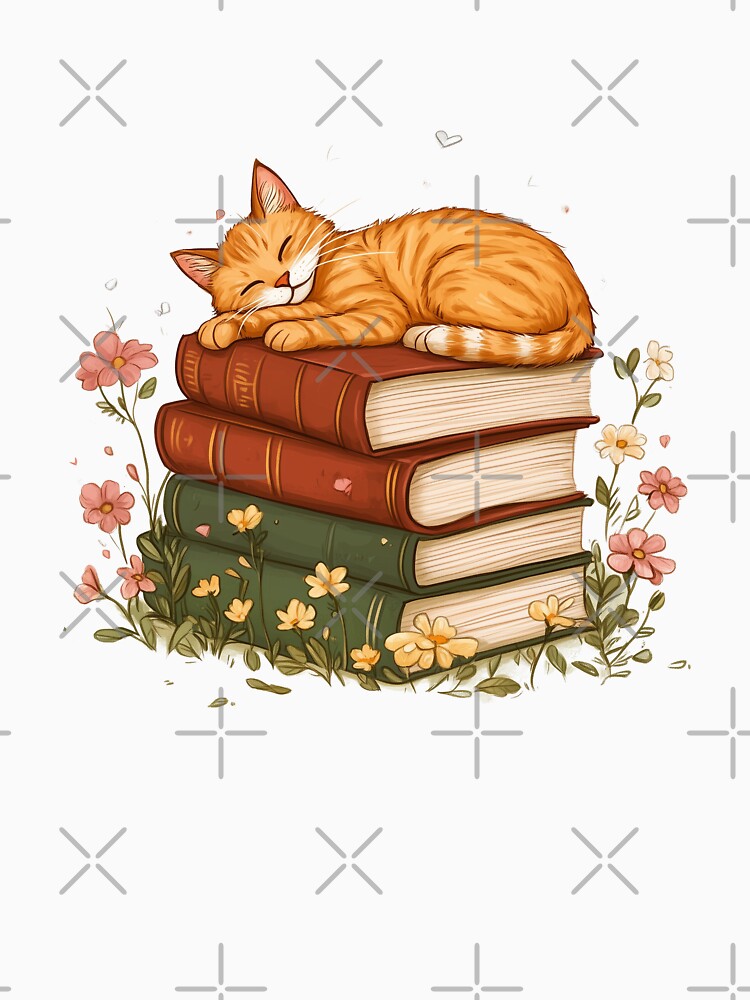 Orange Cat Sleeping on Books by rosebudprintco