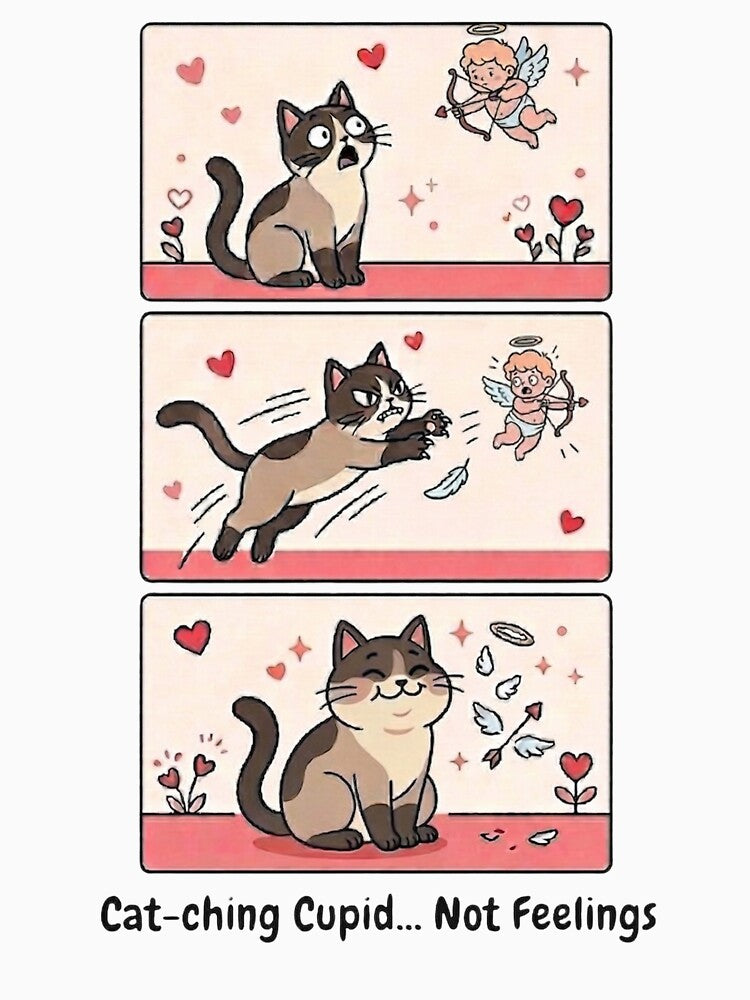 Cat-ching Cupid Not Feelings – Funny Anti Valentine Cat Meme Comic Cute Cat Design by aiqdelicia