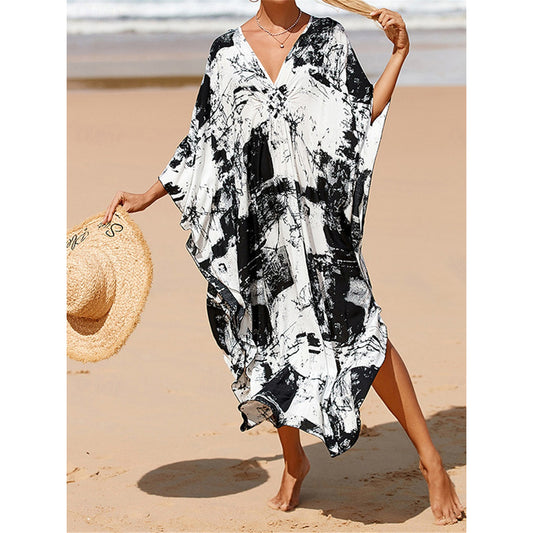 Women's Cover Up Graphic Leaf Print V Neck Long Dress Maxi Dress Hawaiian Vacation Beach 3/4 Length Sleeve Summer