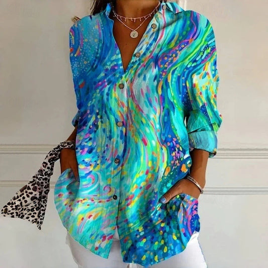Women's Hawaiian Shirts Flowy Tops Vintage Casual Graphic Geometric Long Tops Long Sleeve Shirt Collar Patchwork Buttons Print Form Fit Vacation Work Daily Light Blue Summer Holiday Clothes