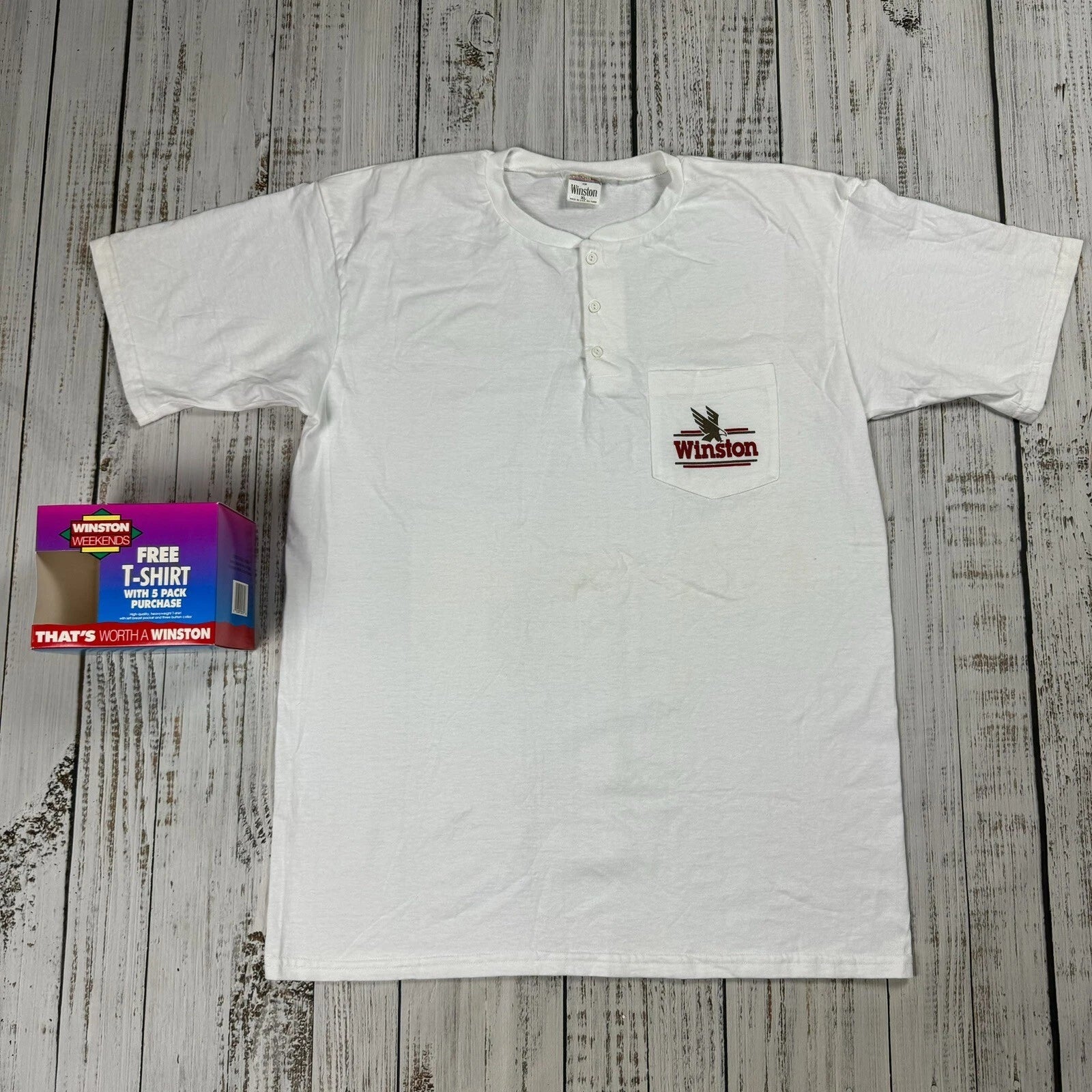 VINTAGE 90s WINSTON CIGARETTES EAGLE HENLEY POCKET T SHIRT XL OSFA USA MADE CUP