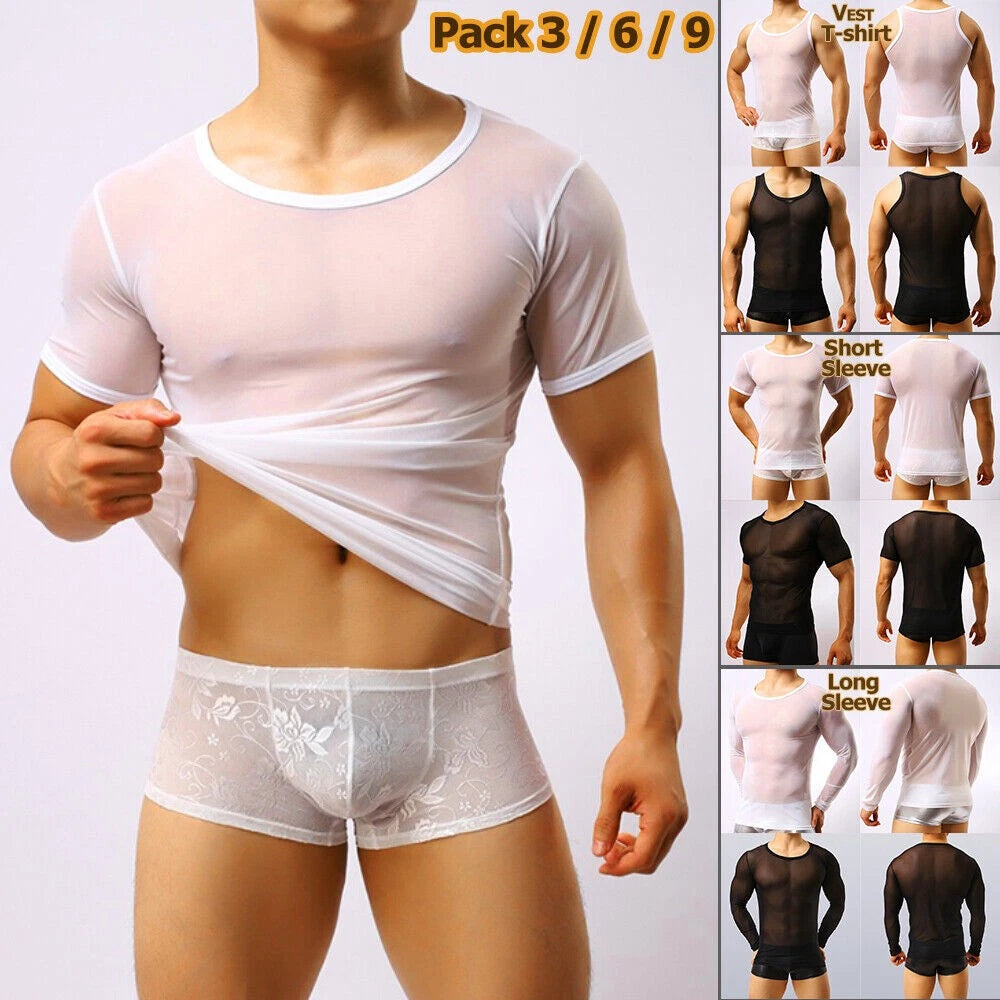 Men Sexy Mesh Sheer Vest T-Shirt Tank Tops Shorts Muscle Slim Clubwear Underwear