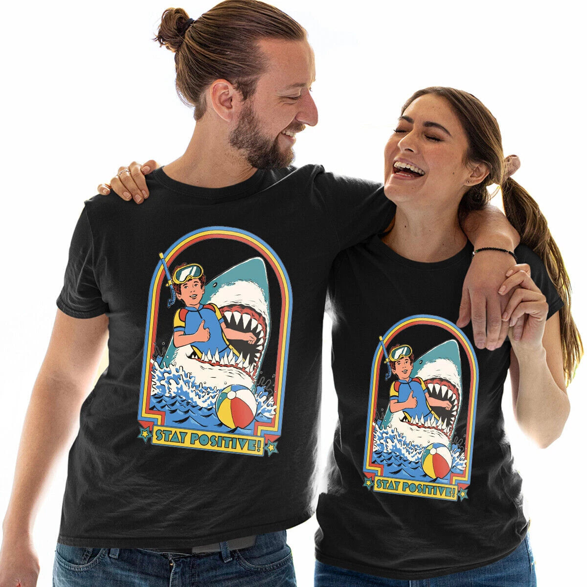 Stay Positive Shark Attack Ocean Funny Birthday Gift Unisex T Shirt Top #E