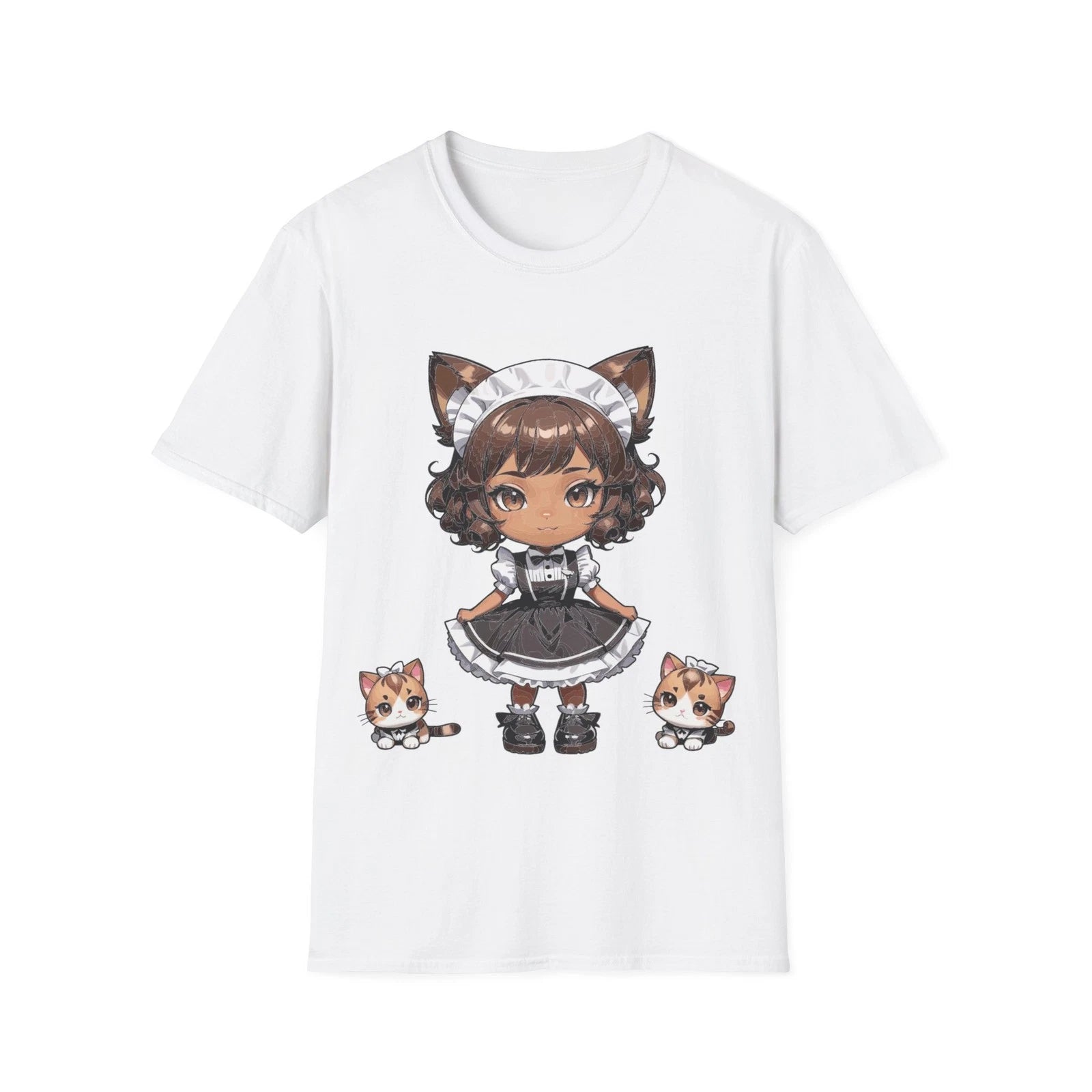 Chibi Catgirl Maid T-Shirt Kawaii Anime Maid with Kittens Soft Cotton Tee