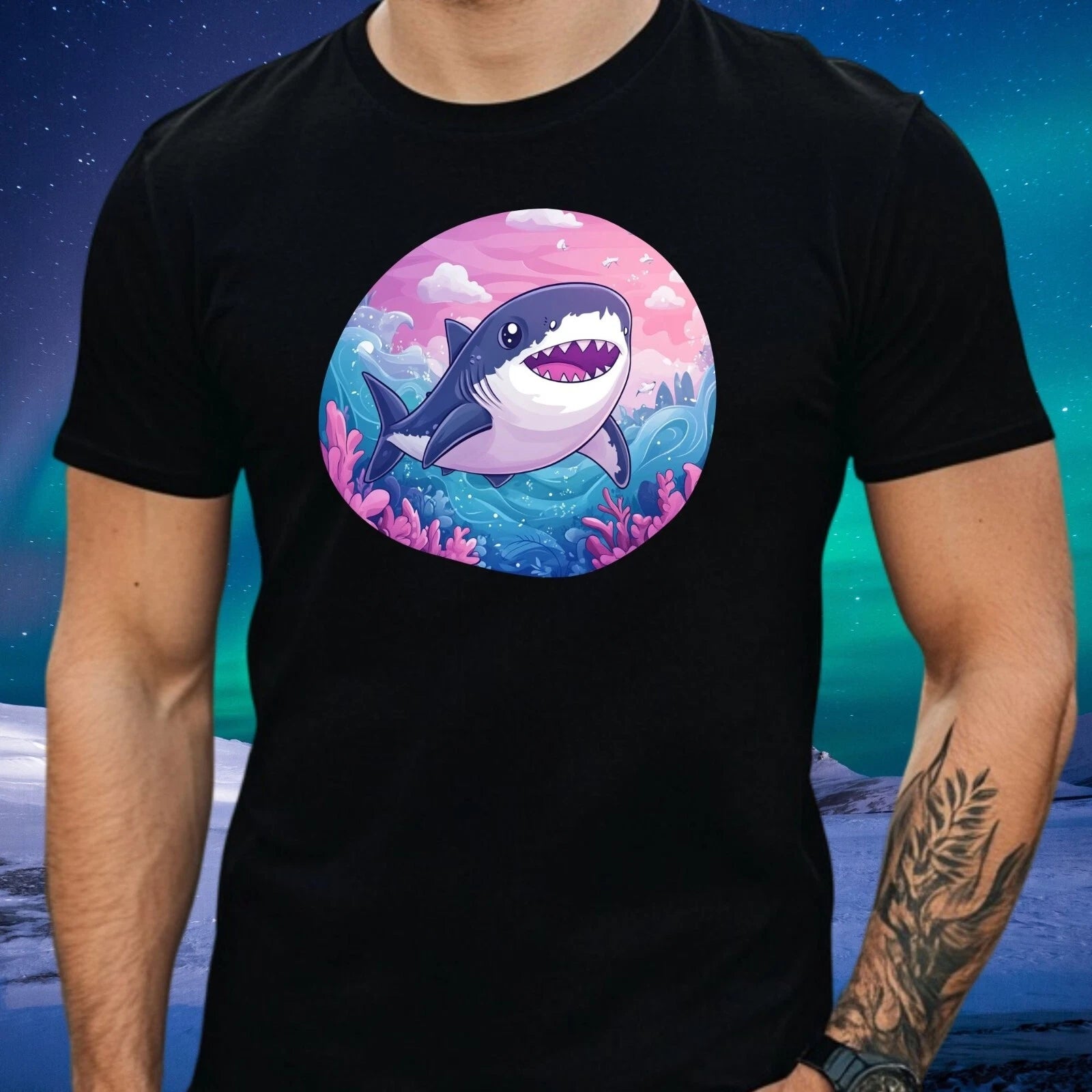 Mens Kawaii Shark Motif Cotton T-Shirt Size XS to 5XL