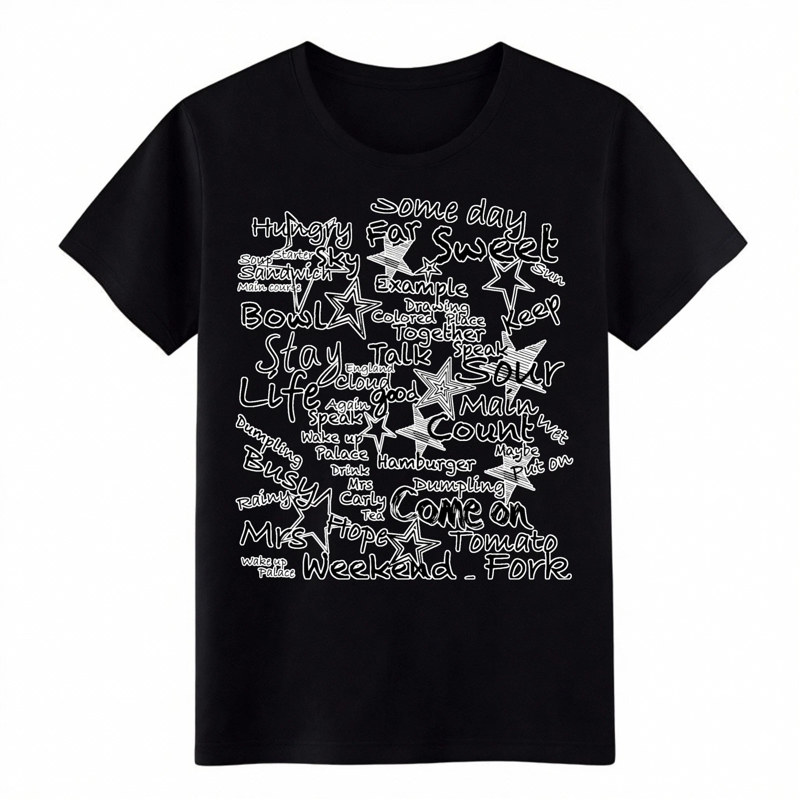 Hand Drawn Word Collage T-Shirt Casual Life Quote Graphic Tee for Everyday Wear