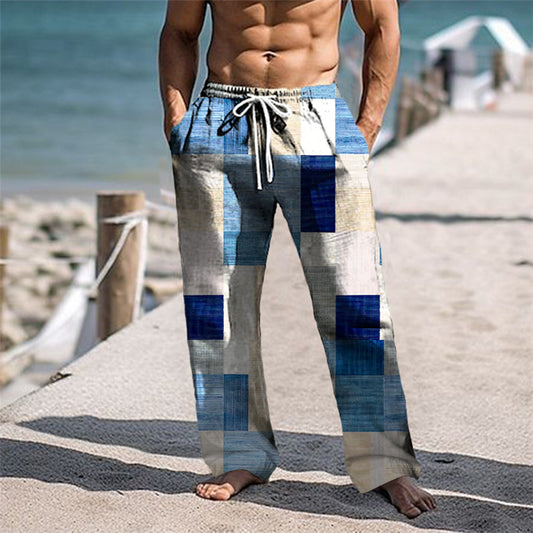 Men's Trousers Summer Pants Beach Pants Drawstring Elastic Waist 3D Print Plaid Graphic Prints Geometry Comfort Casual Daily Holiday Streetwear Hawaiian Blue Brown