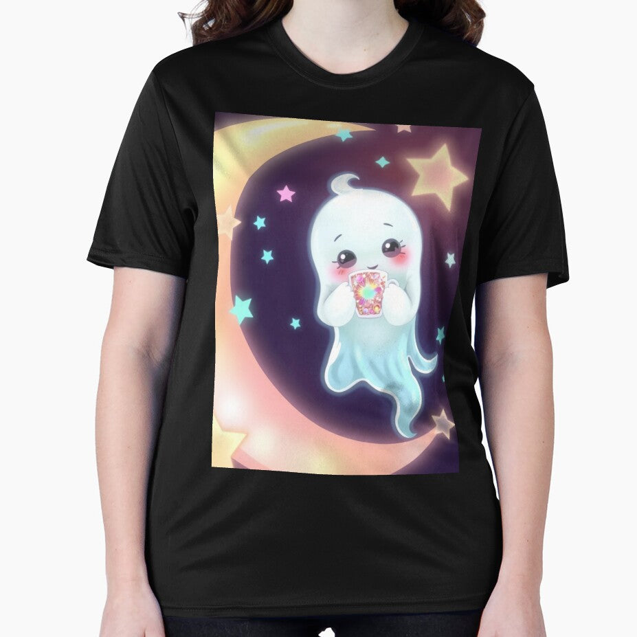 Sweet Spooky Kawaii Ghost on Crescent Moon by ArmaanArts
