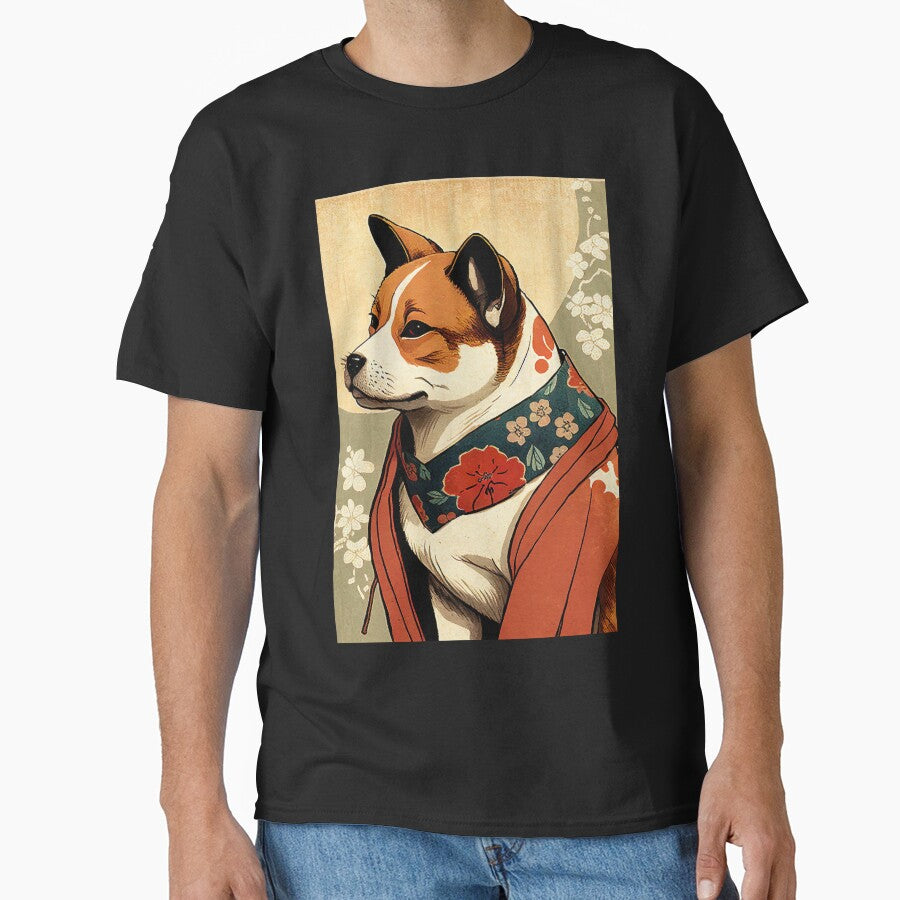 Brown and White dog with red robe - Japanese style by KoolArtDistrict