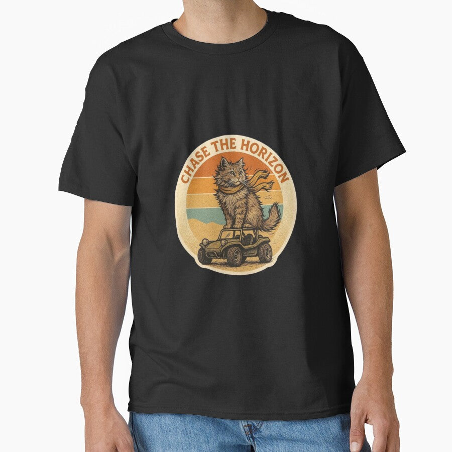 Chase the Horizon – Adventure Cat Vintage Sunset Aesthetic | Retro Cat Lover Gift Design by Typologystudios