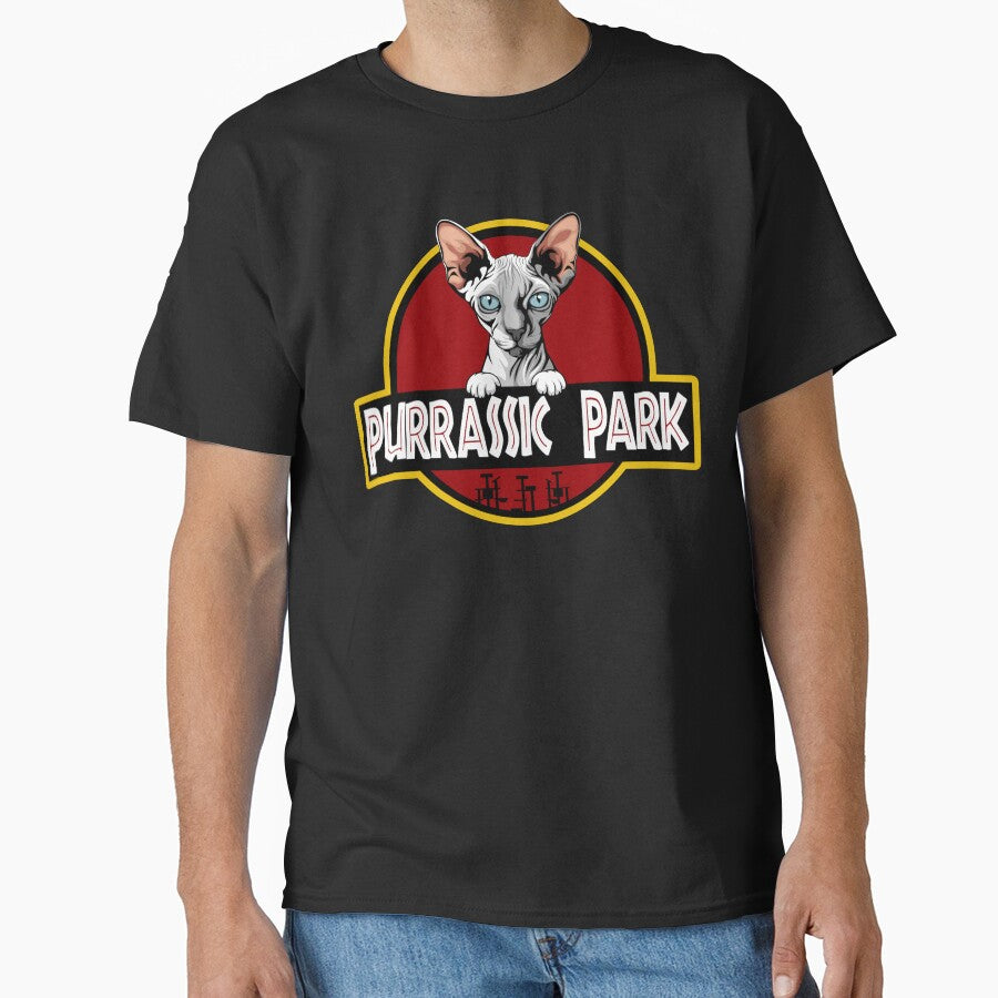 Funny White Sphynx Cat Purrassic Park by Funny Shirts Matter