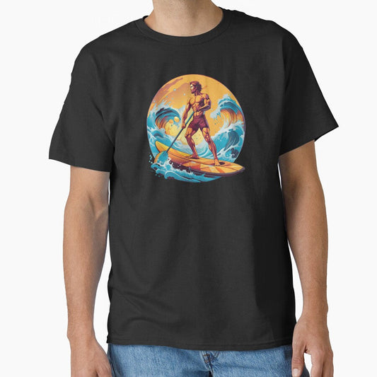 Adventure Awaits Comic Style Vector Design Of A Man Standing On A Paddle Board Classic T Shirt