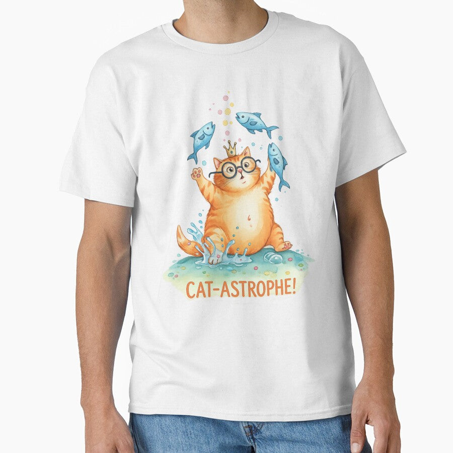 Cat-Astrophe Funny Cat with Fish – Cute Watercolor Cat Illustration by Nusha Creations