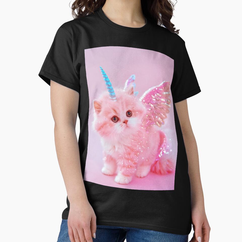 Pink Glitter Cat Unicorn Pegasus – Magical Fantasy Art Print for Cat Lovers by Starcrimedesign