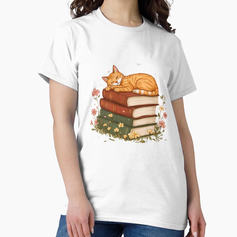 Orange Cat Sleeping on Books by rosebudprintco
