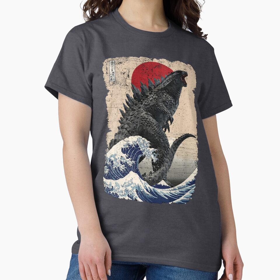 Godzilla Surfing The Great Wave by Hokusai Funny Parody by Robert Diebold
