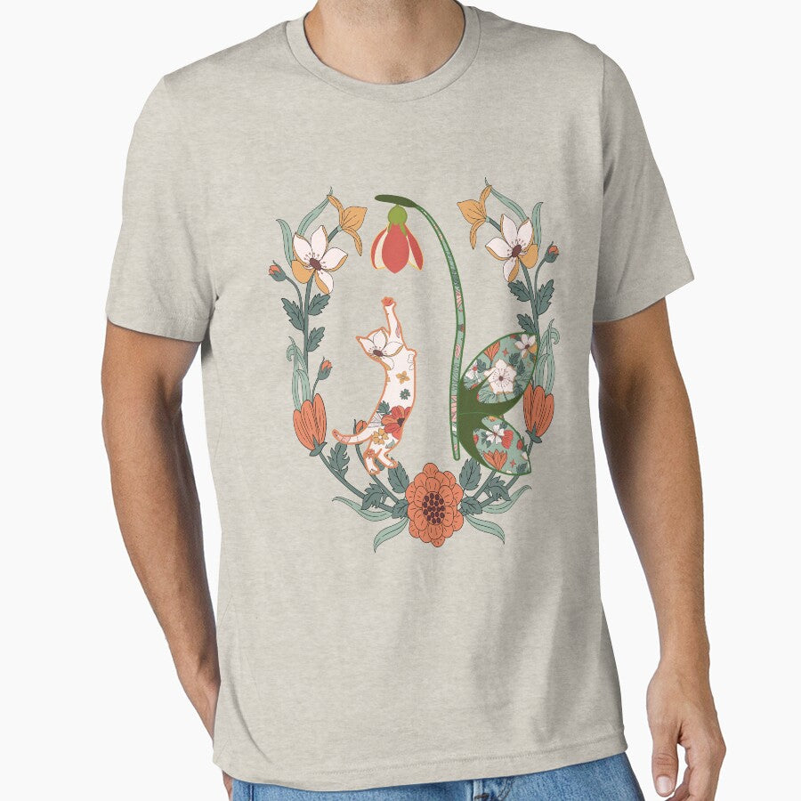 Boho Cat in Amid of Flowers: T-Shirt by Vachala