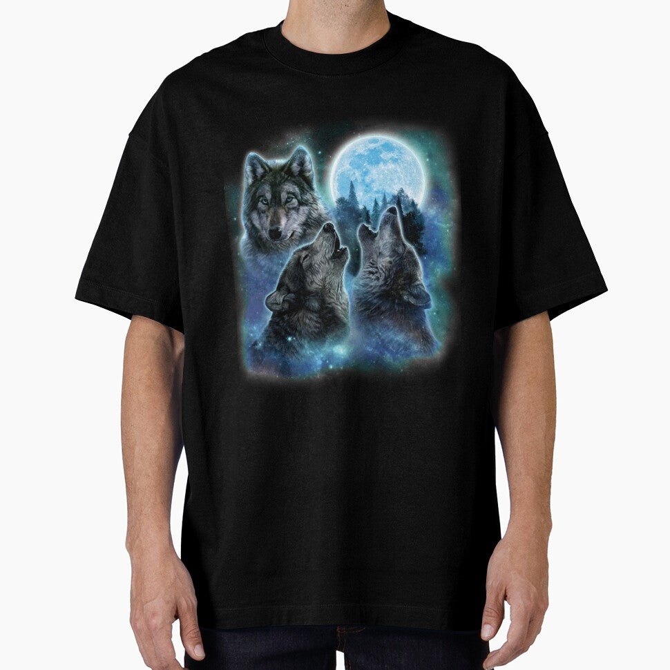 Three Grey Wolves and Icy Full Moon Swirl with Galaxy Space by Fox-Republic