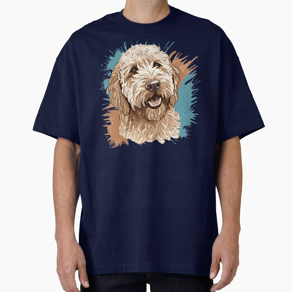 Cream Colored Labradoodle with Blue and Tan Paint Splatters by PoodleDoodles4U