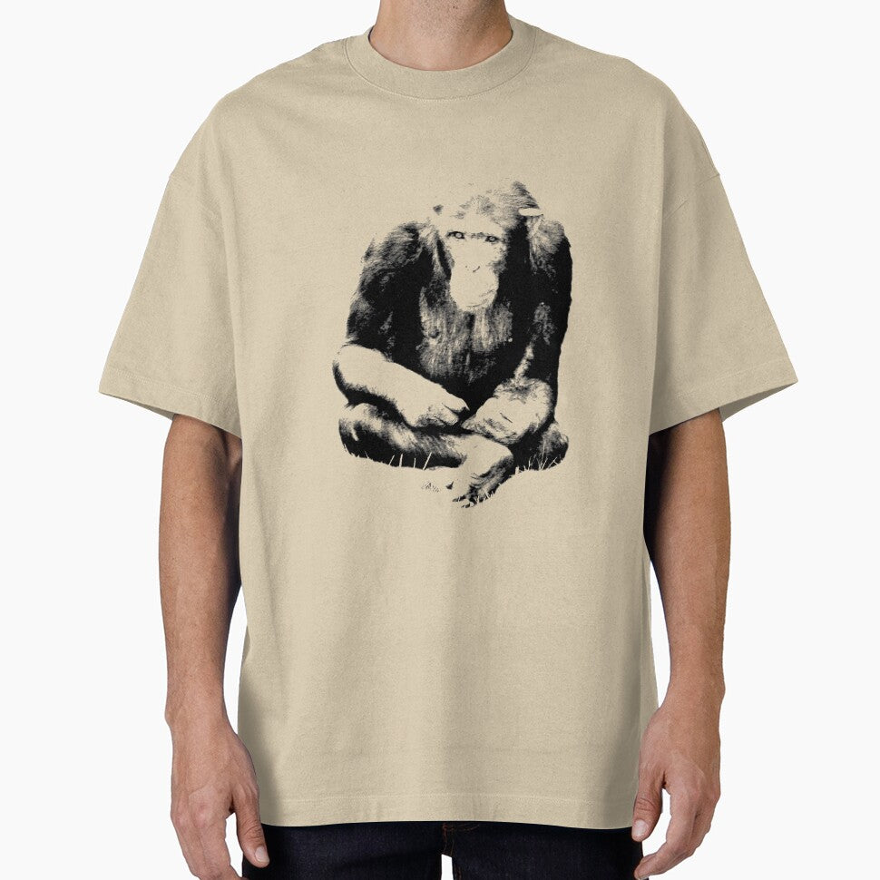 Chimpanzee Sitting in the Jungle. Wildlife Digital Engraving Image by Digital Eclectica