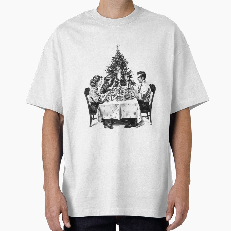 Vintage Family Christmas Dinner – Black and White Holiday Illustration by inkoutninja