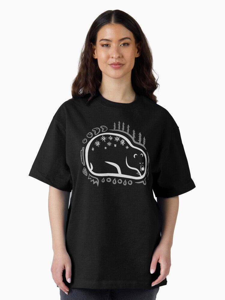 Fall and Winter Black Sleeping Bear "Hibernation Guardian" Oversized T-Shirt