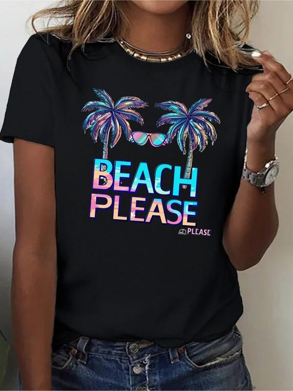 Women's 'BEACH PLEASE' neon print T-shirt - Casual black T-shirt, palm tree design, short-sleeve round-neck top, suitable...