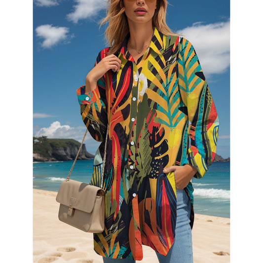 Women's Midi Dress Shirt Dress Casual Date Loose Fit Graphic Leaf Long Sleeve Shirt Collar Yellow Fall Winter