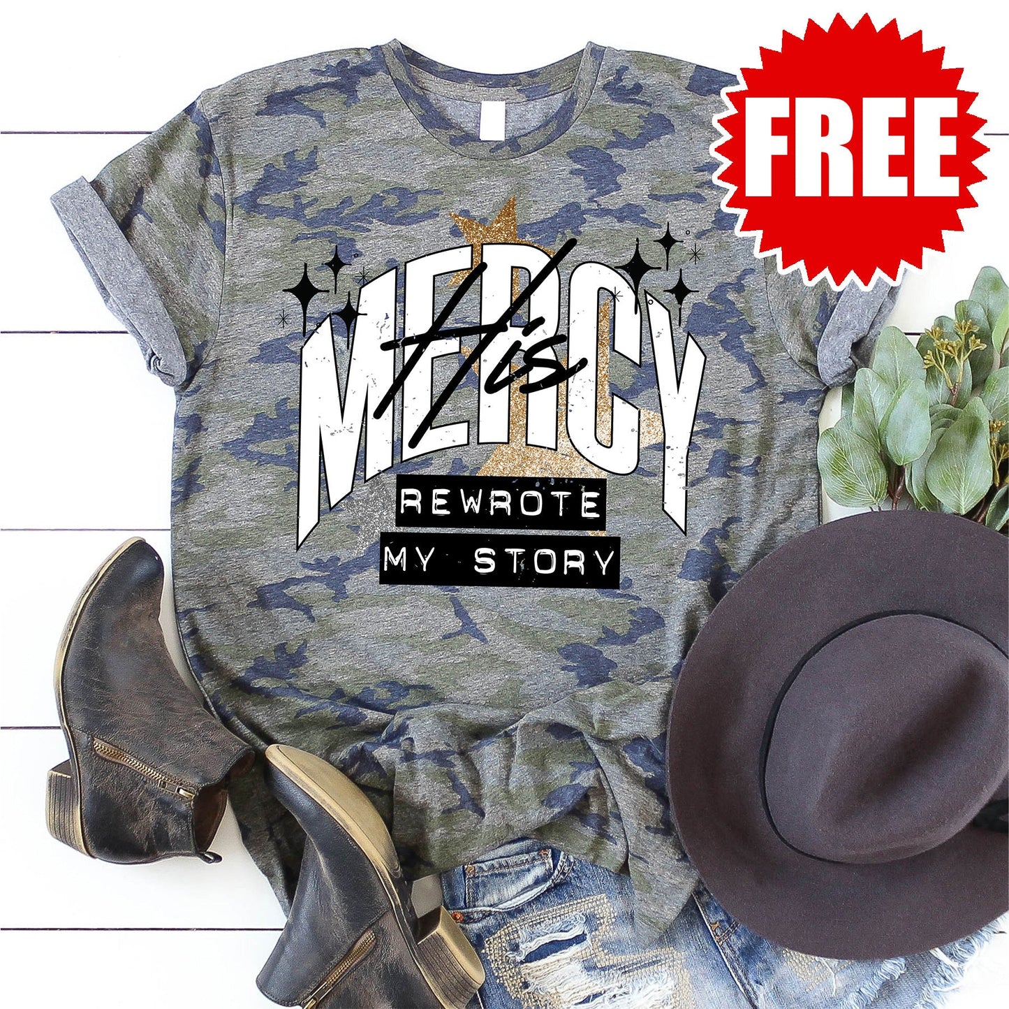 His Mercy Tee - Vintage Camo - 0