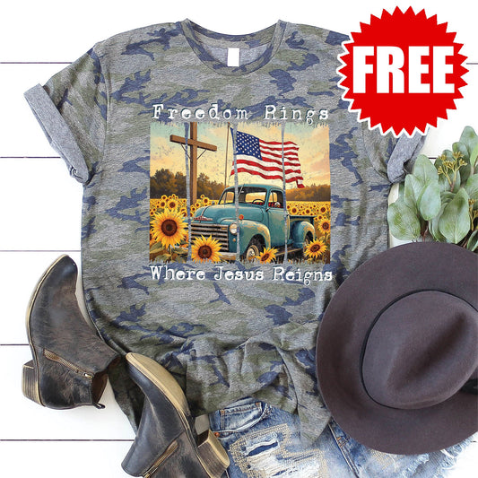 Freedom Rings Where Jesus Reigns Tee - Vintage Camo - 0