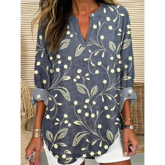 Women's Blouse Floral Graphic Leaf Vintage Tropical Hawaiian Long Sleeve V Neck Regular Tops Daily Holiday Beach Wear Print Navy Blue Orange Summer Spring